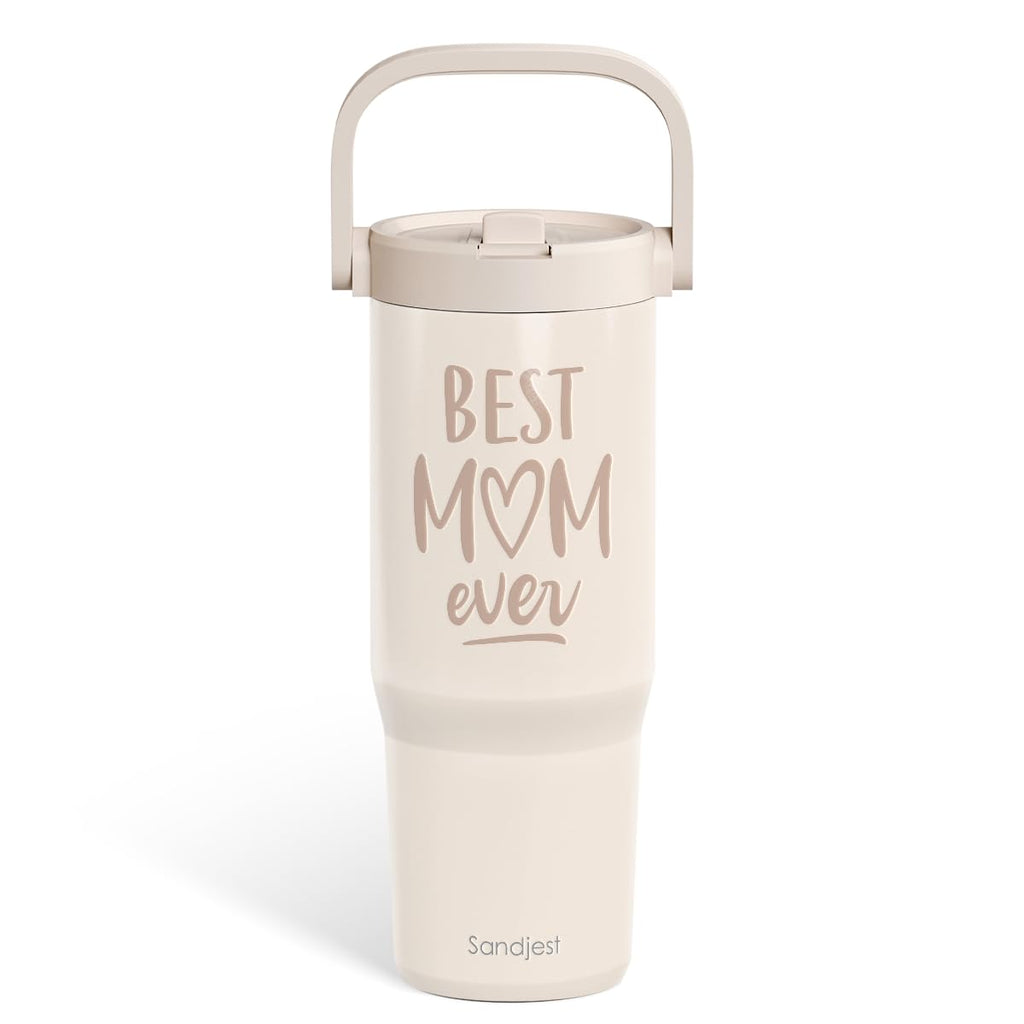 SANDJEST Mom Stainless Steel Straw Lid Tumbler 30oz with Carry Handle for Women, Best Mom Ever Insulated Travel Coffee Cup, Gift for Sports Outdoor Mother's Day Christmas Birthday