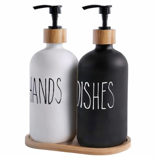 MOMEEMO Glass Soap Dispenser Set, Contains Hand Soap and Dish Soap Dispenser.Suitable for Kitchen Decor. (Black & White)