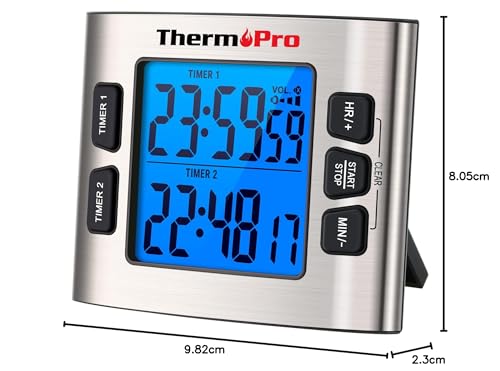 ThermoPro TM02 24 Hours Digital Timer with Dual Kitchen Timers for Cooking, Stop Watches Magnetic Timer Clock with Adjustable Alarm Volume & LCD Backlit Display, Classroom Timer for Kids & Teachers