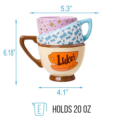 Silver Buffalo Gilmore Girls Stars Hollow Destination Locations: Luke’s Diner, Doose’s Market, and Dragonfly Inn Ceramic 3D Sculpted Stacked Teacup Mug, 20 Ounces