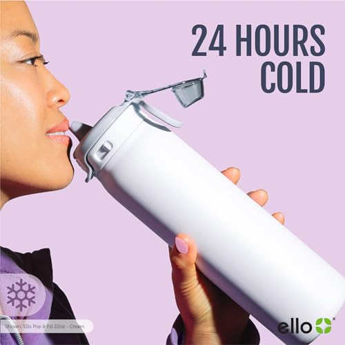 Ello Pop & Fill 32oz Stainless Steel Water Bottle with QuickFill Technology, Double Walled and Vacuum Insulated Metal, Leak Proof Locking Lid, Straw and Chug, Reusable, BPA Free, Gloss Daisies