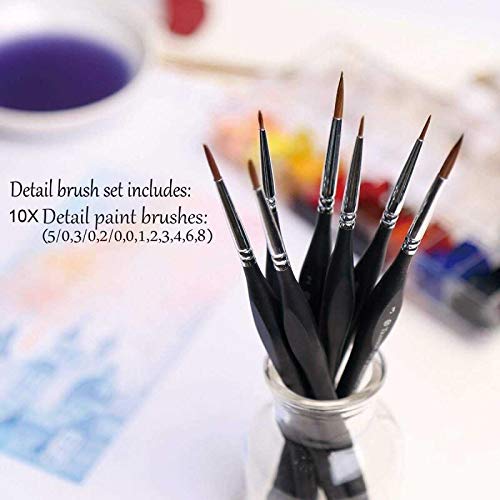 Detail Paint Brushes Set 10pcs Miniature Brushes for Fine Detailing & Art Painting - Acrylic, Watercolor,Oil,Models