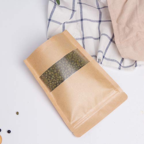 Kingrol 300 Count 3.5 x 5.5 Inch Kraft Paper Bags with Resealable Lock Seal Zipper &Transparent Window, Stand Up Food Bags