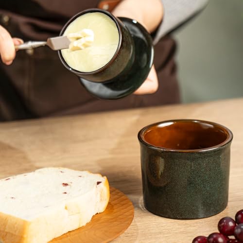 Teapeak Pottery Butter Keeper Crock - Ceramic Butter Dish with Water Line for Countertop, Keep Butter Fresh (Greenish Brwon)