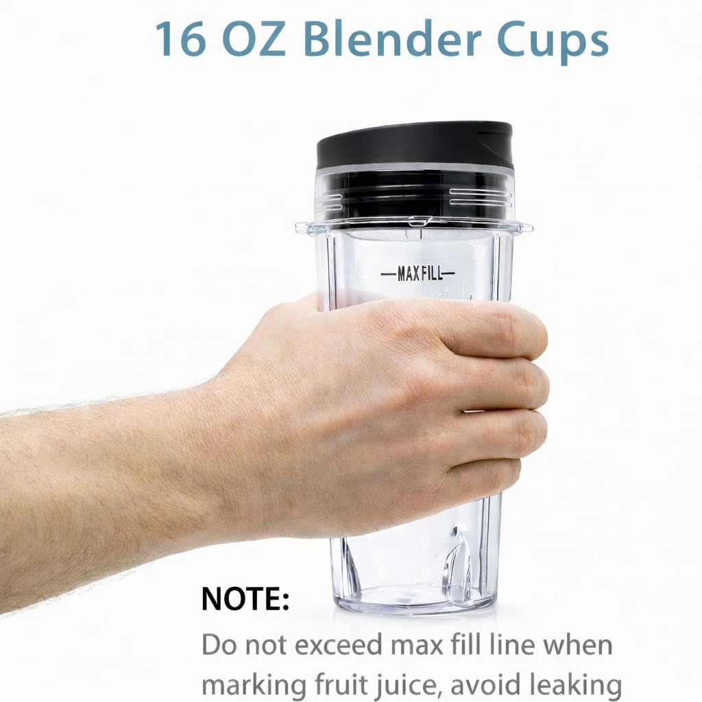 16oz Blender Cup Compatible with Ninja Blender BL660 BL740 BL770 BL780 BL810 QB3000, Single Serve Cup with Sip & Seal Lids for Nutri Ninja Replacement Parts