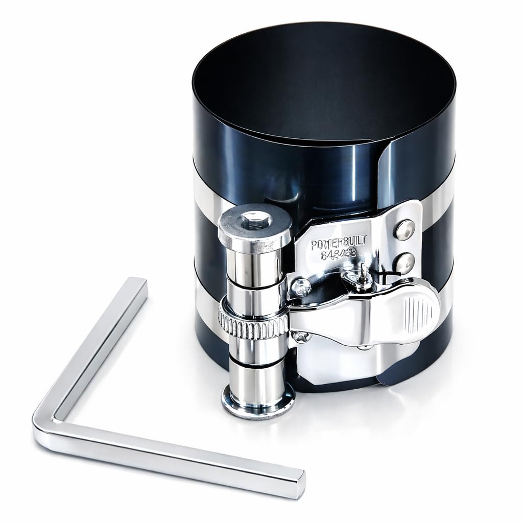 Powerbuilt Piston Ring Compressor, 2 Inch to 5 Inch Diameter, Compress Pistons, Ratcheting Lock, Release Lever, Slide into Cylinder - 648433