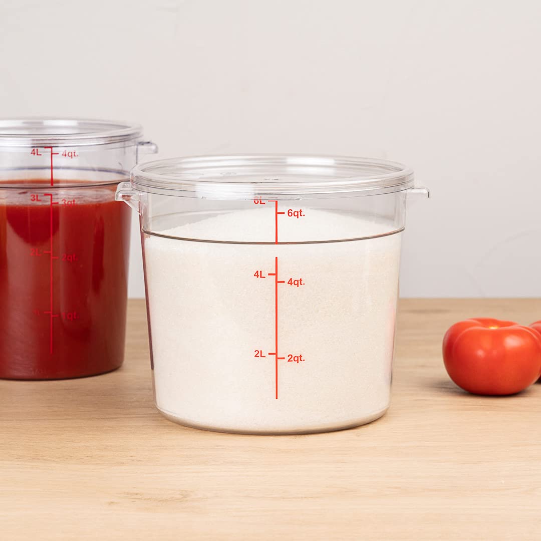 Restaurantware-Met Lux 6 Quart Food Storage Container, 1 Round Commercial Storage Container - Lid Sold Separately, with Volume Markers, Clear Plastic Food Prep Bucket, Space-Saving Storage