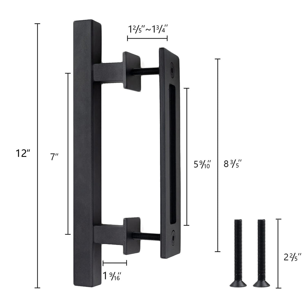 Hedume 12" Sliding Barn Door Handle Pull and Flush Hardware Set, Heavy Duty Solid Carbon Steel Rustic Style, Fit Doors Up to 1 3/4"