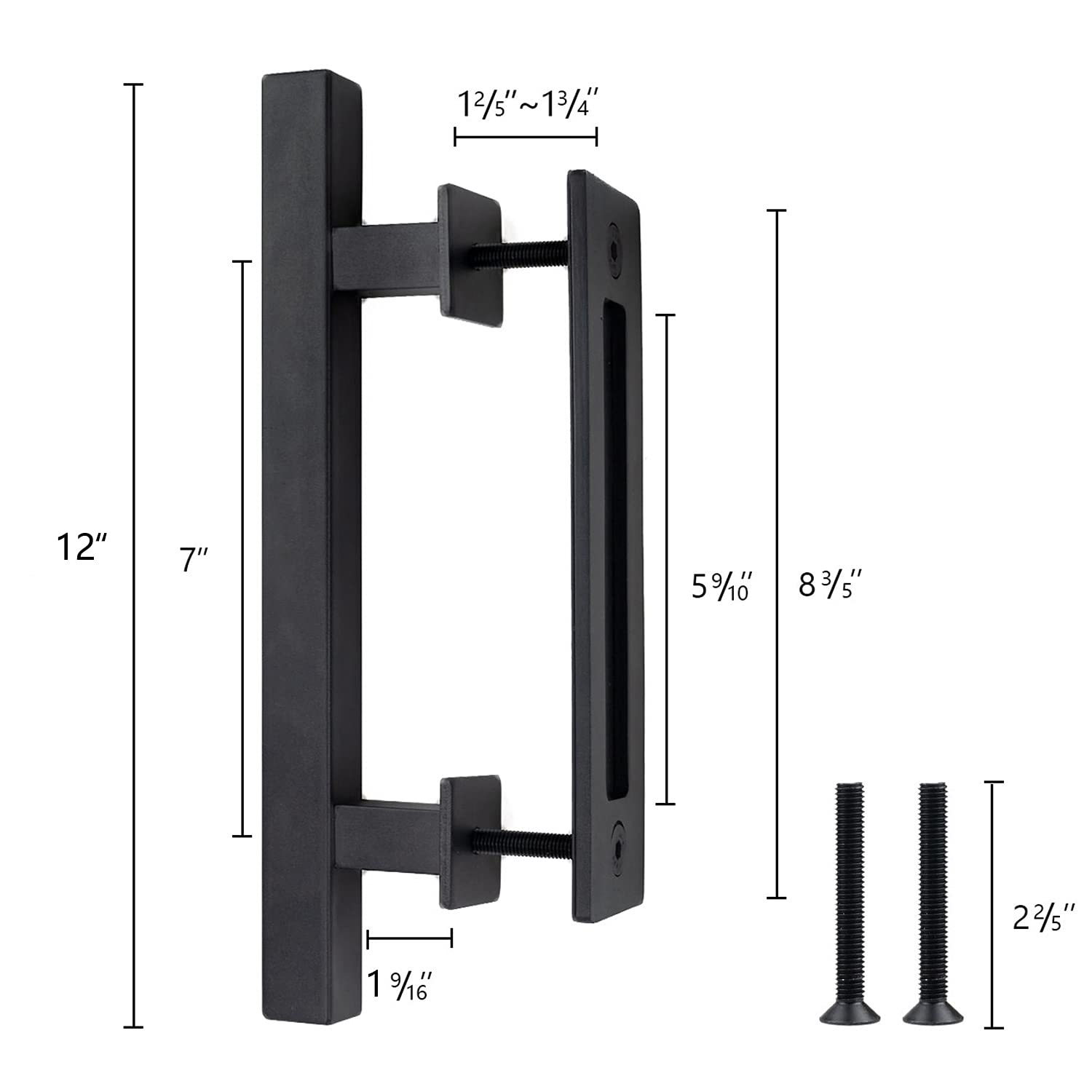 Hedume 12" Sliding Barn Door Handle Pull and Flush Hardware Set, Heavy Duty Solid Carbon Steel Rustic Style, Fit Doors Up to 1 3/4"