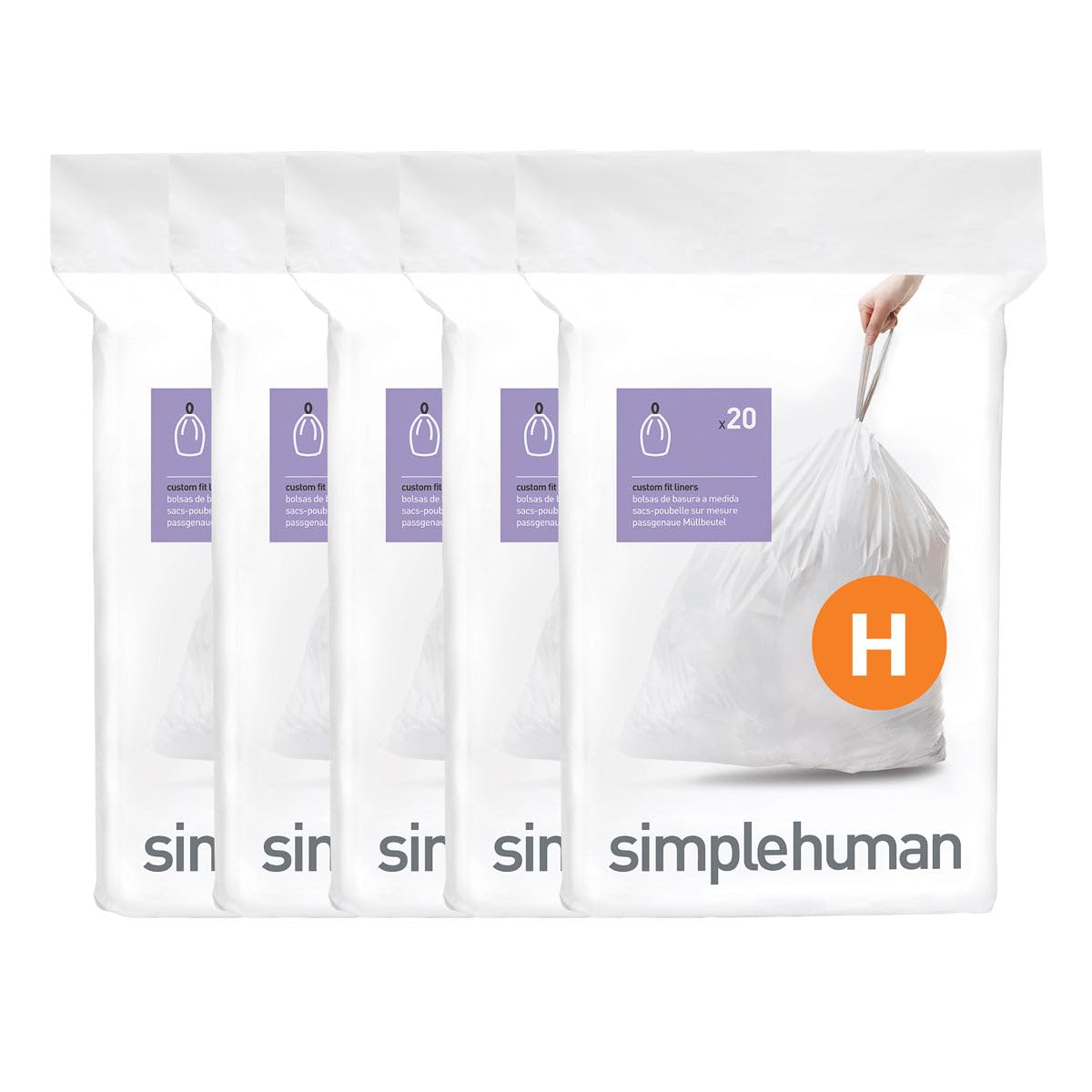 simplehuman Code H 100 Count, Dispenser Pack Custom Fit Liners, Drawstring Trash Bags, 30-35L / 8-9 Gallons, White