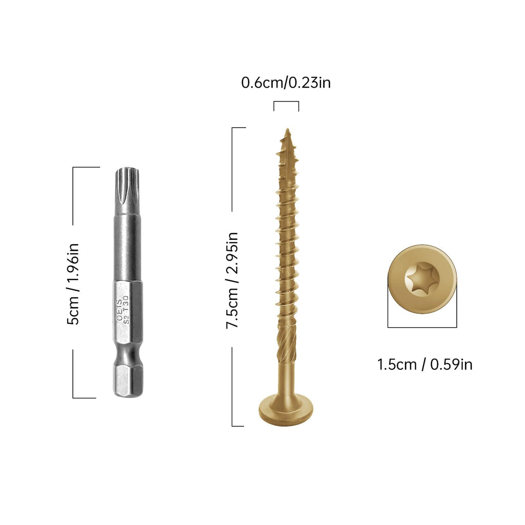 SahncaiTechTrade 3 Inch Deck Screws 50Pcs, Heavy-Duty Structural Wood Screws, Rust Resistant Timber Screws for Timber/Log/Landscaping Wood, T30 Star Bit (#14×3" Yellow)