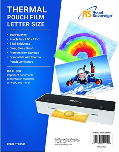 Royal Sovereign Thermal Laminating Sheets, 9” x 11.2” Letter Size Pouches Clear Gloss, 3 Mil 100-Pack (RF03LETR0100)