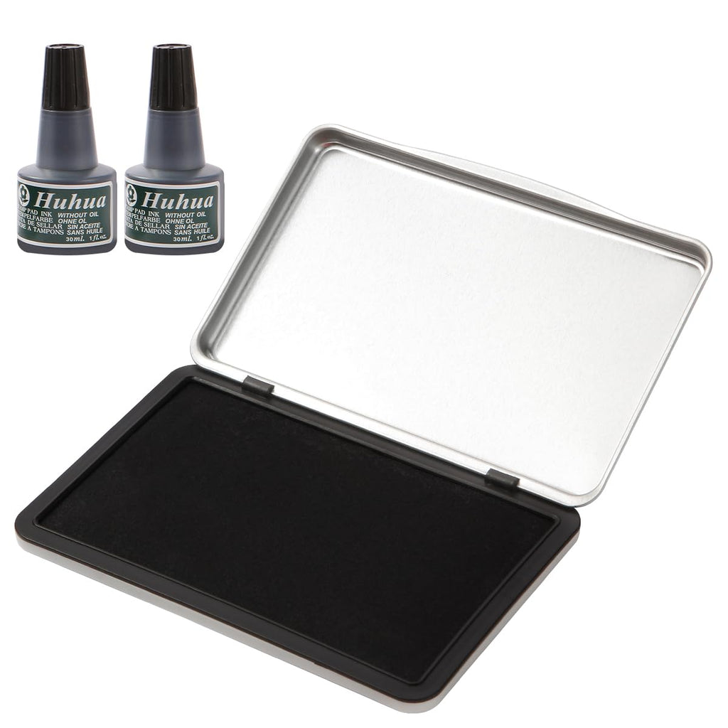 Melispapa Large Black Stamp Ink Pad Set - 1 Black Stamp Pad & 2 Ink-Refills (2 oz, Black), 6.2" x 3.9" Large Black Ink Pad for Rubber Stamps, Non-Toxic, Washable, Waterproof & Permanent Felt Pad