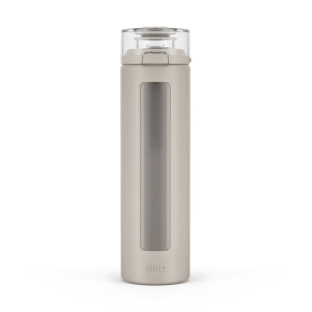 Ello Syndicate 20oz Reusable Glass Water Bottle with One-Touch Leak Proof Flip Lid, Protective Non-Slip Silicone Sleeve, Carry Loop for Coffee, Tea and Water, BPA-free, Dishwasher Safe, Sand