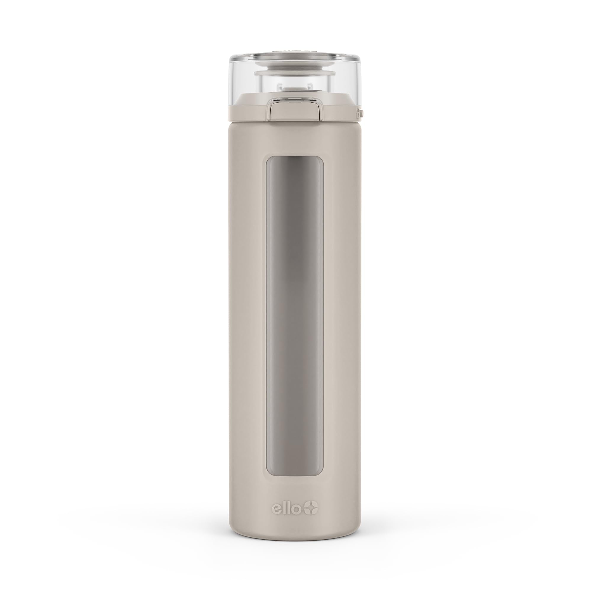 Ello Syndicate 20oz Reusable Glass Water Bottle with One-Touch Leak Proof Flip Lid, Protective Non-Slip Silicone Sleeve, Carry Loop for Coffee, Tea and Water, BPA-free, Dishwasher Safe, Sand