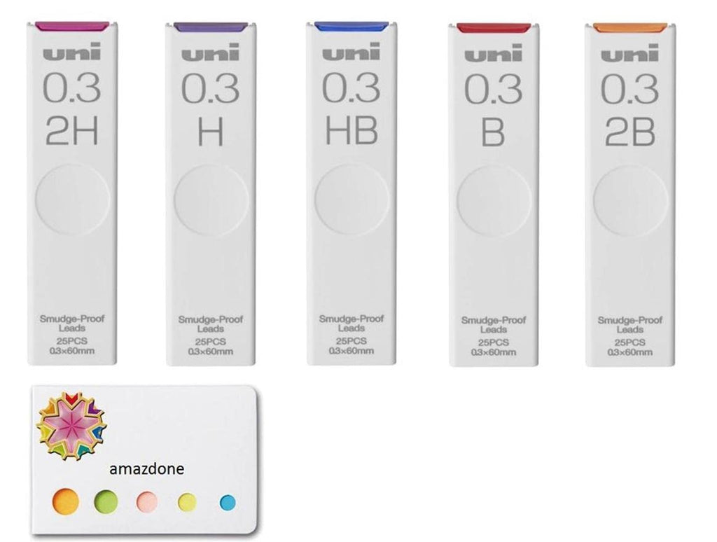 Uni Mechanical Pencil Lead,"The Uni" Smudge-Proof Leads 0.3mm（ULS0325）/HB,H,2H,B,2B - 5 Pack/total 125 Leads, and amazdone Sticky Notes Value Set