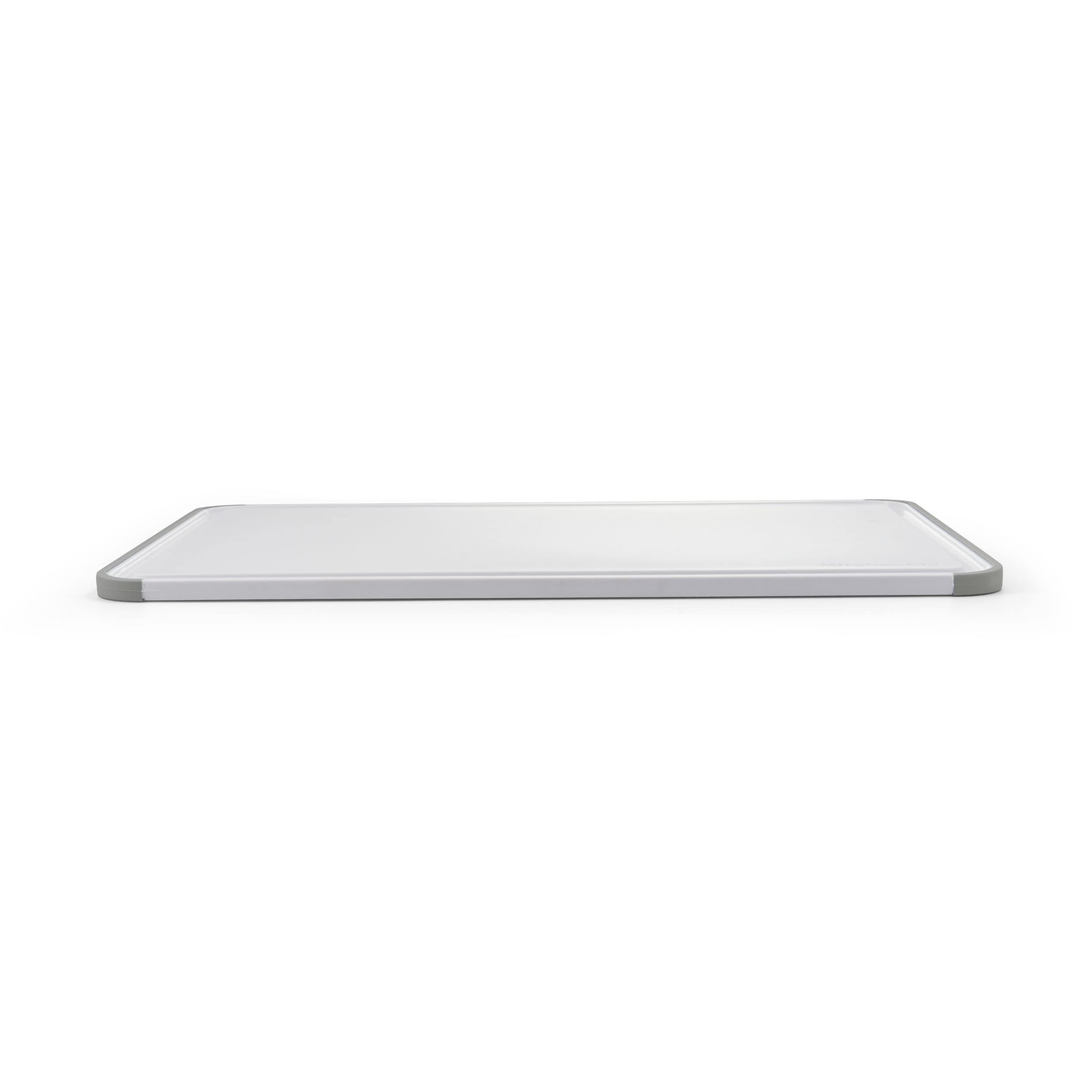 KitchenAid Classic Plastic Cutting Board with Perimeter Trench and Non Slip Edges, Dishwasher Safe, 12 inch x 18 inch, White and Gray