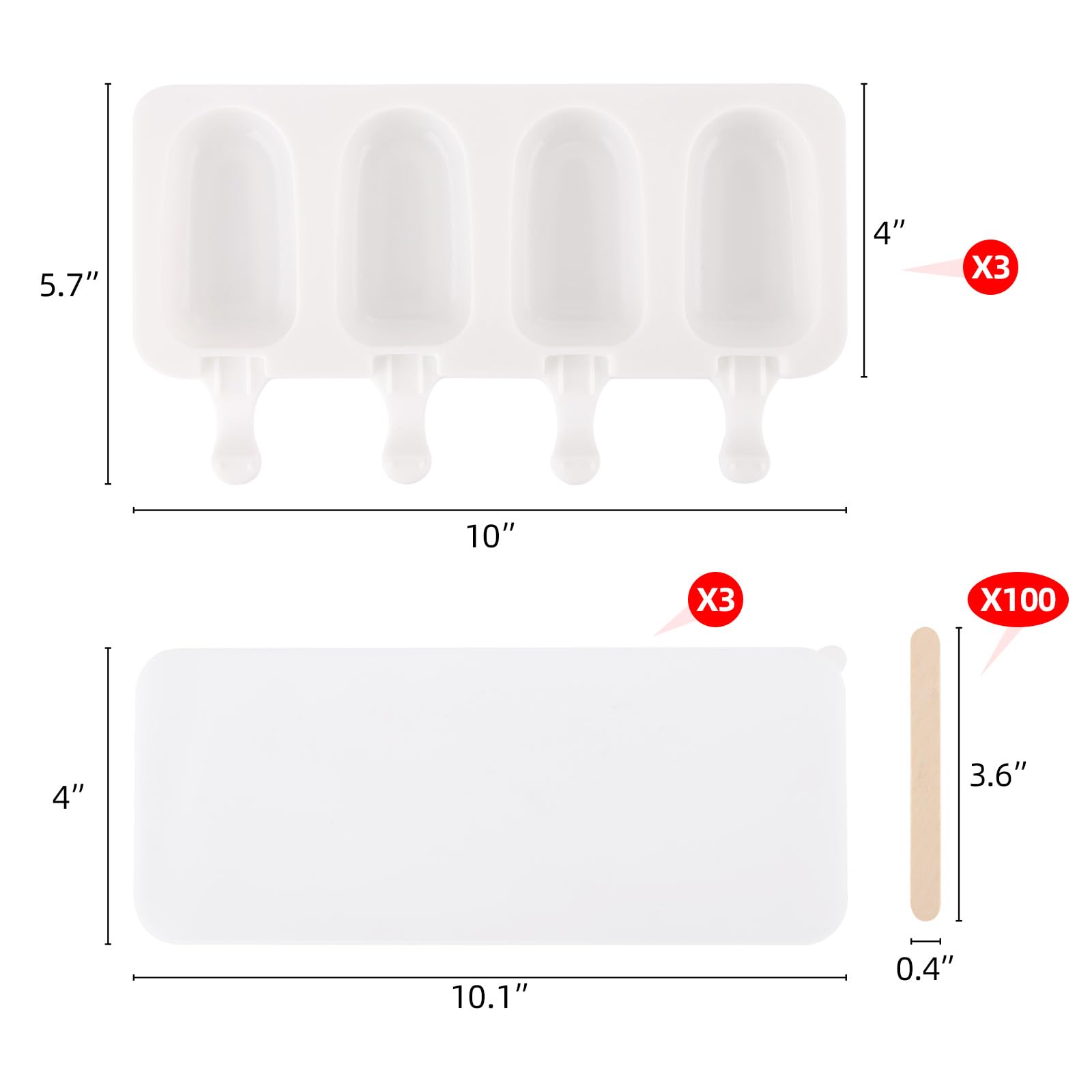 3 Set Popsicles Molds with Lids and 100 Pcs Wooden Popsicles Sticks, Standard Size 4 Cavities Silicone Ice Pop Molds for Making Cakesicles, Cake Pops, Ice Cream - BPA Free