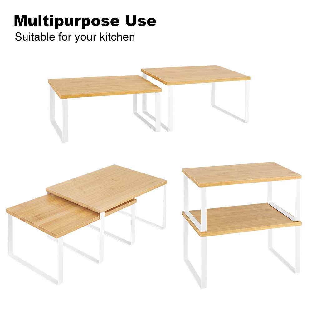 NEX Kitchen Cabinet and Counter Shelf Organizer, Stackable & Expandable, White and Natural