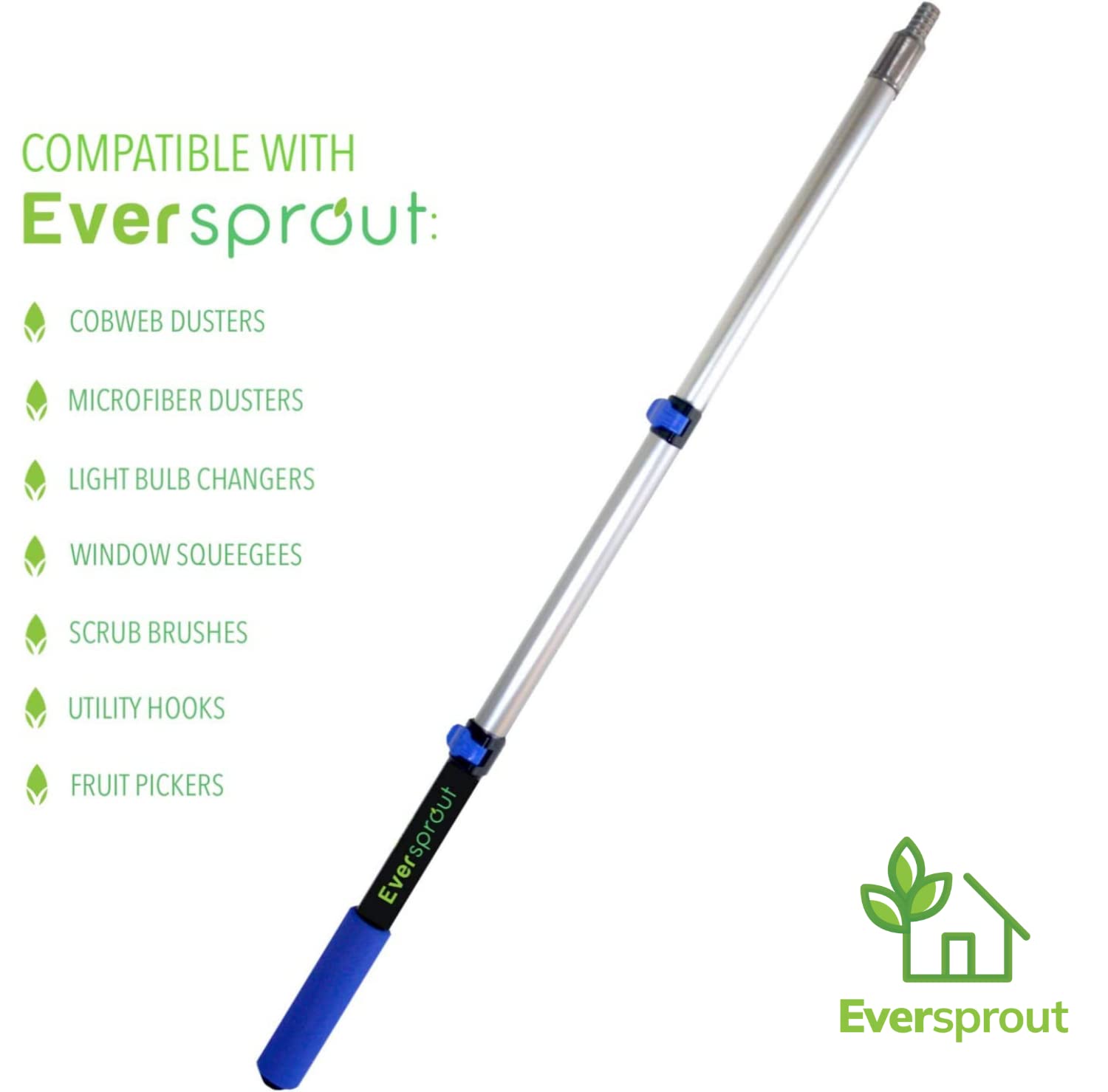 EVERSPROUT 1.5-to-3 Foot Telescopic Extension Pole (8-10 Foot Standing Reach) | Lightweight, Rust-Resistant Aluminum | 3/4” Thread Tip Works for Twist-On Squeegee, Duster, Paint Roller (Pole only)