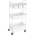 JIUYOTREE 3-Tier Plastic Rolling Storage Cart Utility Cart with Extra Hanging Cups Handles Lockable Wheels for Living Room Bathroom Kitchen Office White