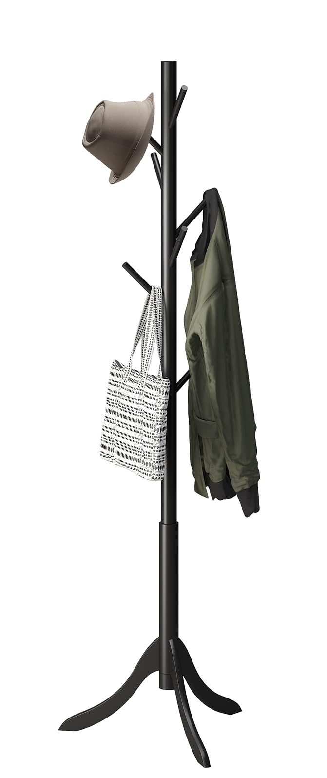 Black Coat Rack Stand, Bamboo Wood Coat Tree with 8 Hooks, Hallway Entryway Hat Hanger Organizer Standing for Bedroom, Office, Clothes, Jackets, Bags, Umbrellas