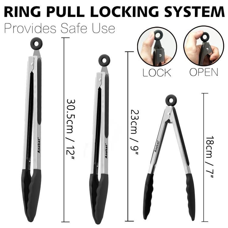 Anaeat Non-Stick Silicone Locking Tong Set of 3 - Stainless Steel 7", 9", 12" Kitchen Food Tongs with Non-Slip Silicone Tips and Grip for Baking, Cooking and BBQ - Heat Resistant up to 480°F (Black)