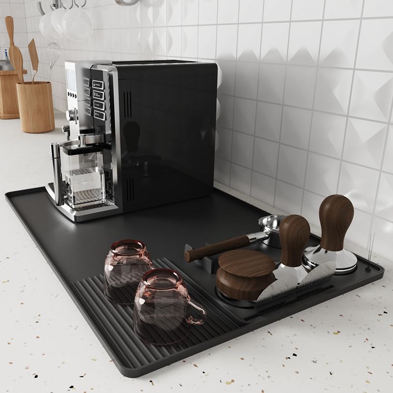 Coffee Mat, Coffee Maker Mat for Kitchen Counter, 40x60cm Silicone Coffee Bar Pad, Anti-Slip, Heat Resistant Pad for Espresso Machines, Dinner Plates, Ice Cream Machines, Espresso Accessory-Black