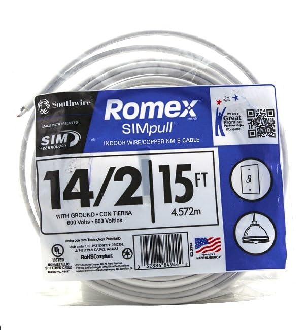 Southwire Romex Brand Simpull Solid Indoor 14/2 W/G NMB Cable 15ft Coil - SW# 28827426