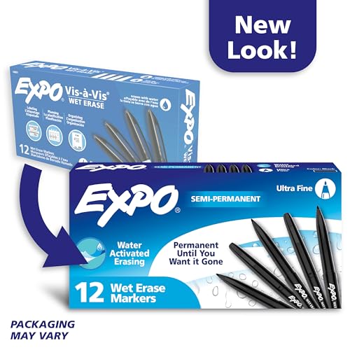 EXPO Wet Erase Markers, Semi-Permanent Markers, Black, Ultra Fine Tip, 12 Count
