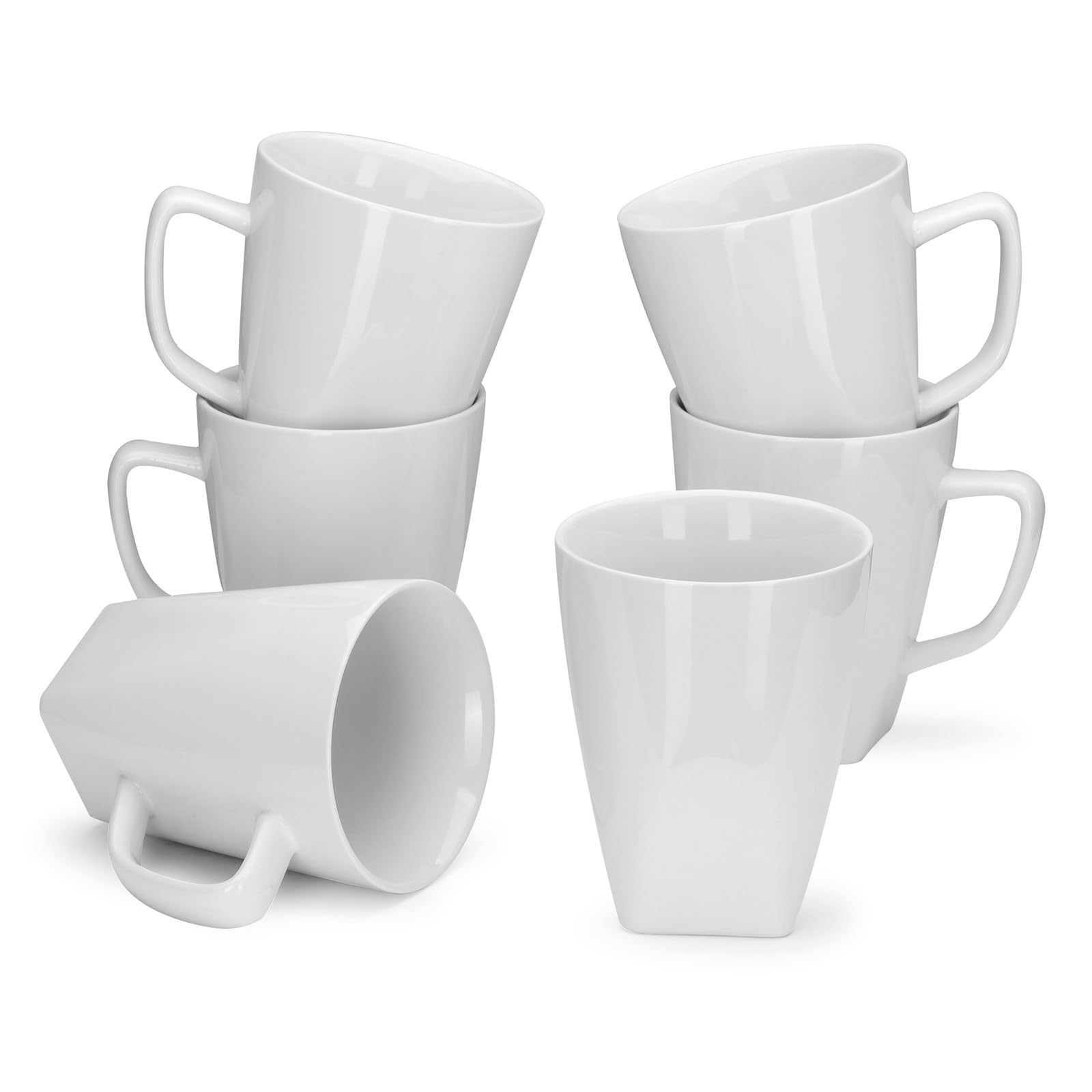 Miicol Porcelain Coffee Mugs Set of 6, Large Coffee Cups 400 ml / 14 oz, White Tea Cups, Ceramic Mugs for Latte, Cappuccino, Milk, Cocoa, Square Bottom, Microwave & Dishwasher Safe