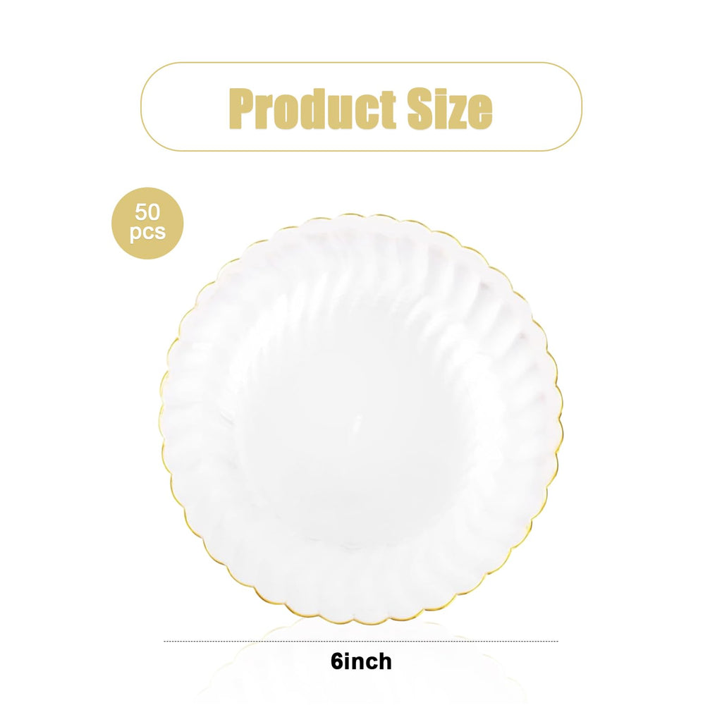 Auch 50 Pack 6 Inch Clear Plastic Plates Gold Rim, Disposable Heavy Duty Salad Dessert Plates- Premium Hard Plastic Plates Fancy Disposable Clear Plates for Weddings, Parties and Events (50 Pack)