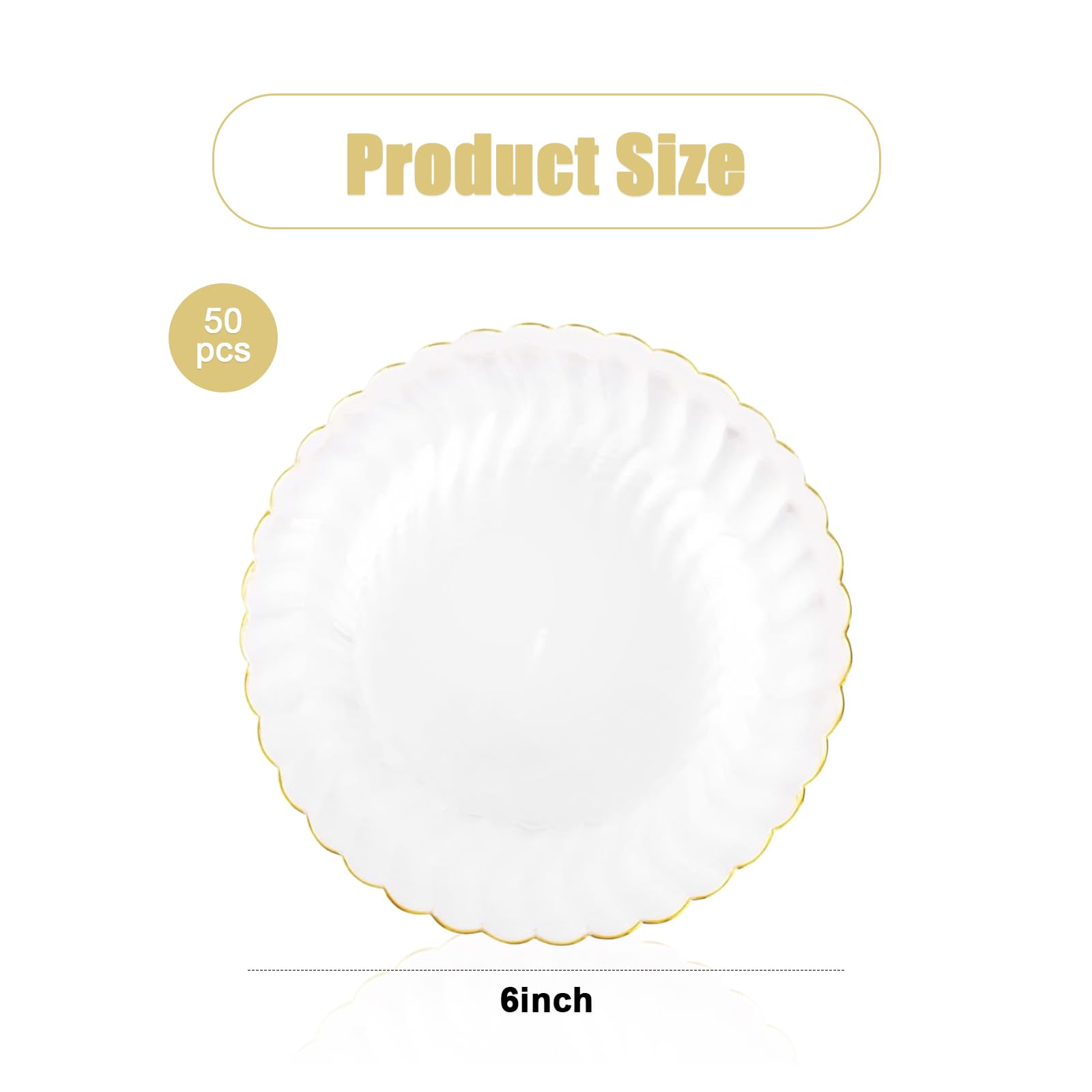 Auch 50 Pack 6 Inch Clear Plastic Plates Gold Rim, Disposable Heavy Duty Salad Dessert Plates- Premium Hard Plastic Plates Fancy Disposable Clear Plates for Weddings, Parties and Events (50 Pack)