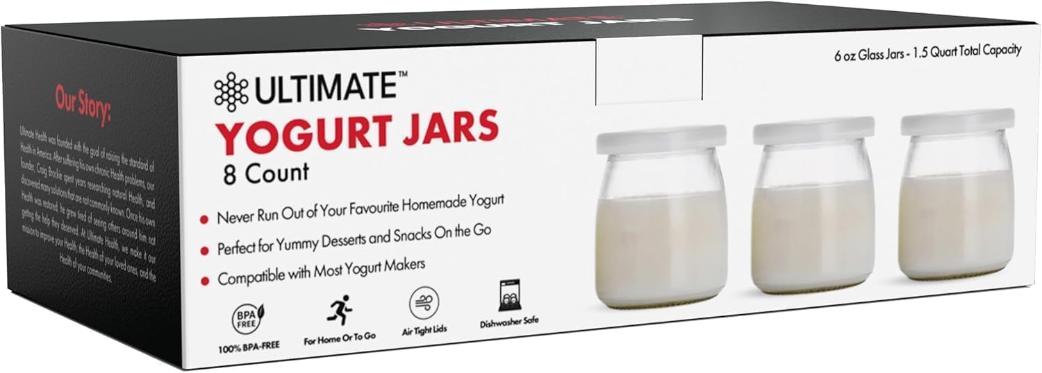 Ultimate Yogurt Jars - Make More Delicious Yoghurt! 8 Count Small Glass Yogurt Cups With Lids - 100% BPA Free, Airtight & Dishwasher Safe! Perfect Containers for Yoghurt, Oatmeal, Pudding, or Jello