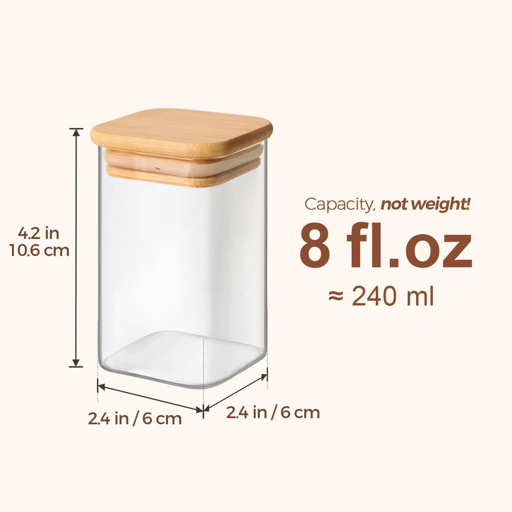 ComSaf 12Pcs Spice Jars with Labels, Glass Jar with Bamboo Lid, 8oz Airtight Square Containers with Black Lables, Empty Seasoning Jars for Spice, Salt, Pepper, Sugar