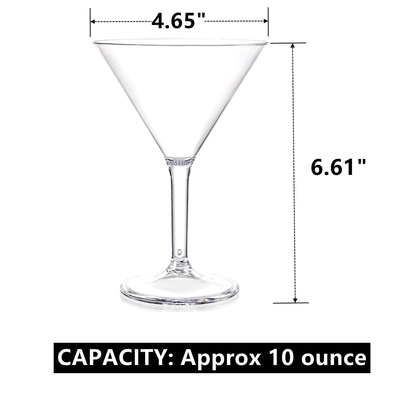 Yopay Set of 6 Unbreakable Martini Glasses, 10 Ounce Plastic Cocktail Glasses for Whiskey, Margarita, Manhattan, Holiday, Party, Reusable, Break Resistant, Clear Polycarbonate Glassware