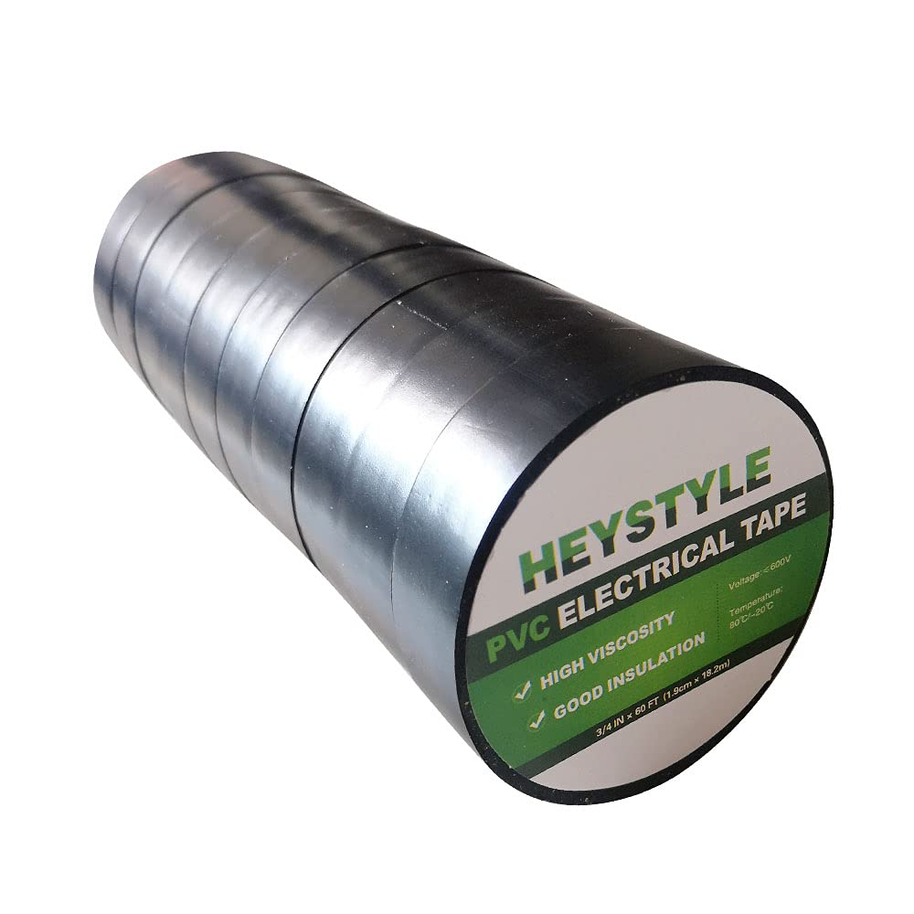 HEYSTYLE 10 Rolls PVC Electrical Tape, 3/4 in x 60 ft, Flame Retardant and Waterproof, Strong Adhesive Insulation Tape, UL Listed–Rated for Max. 600V and 80°C Use (Black)