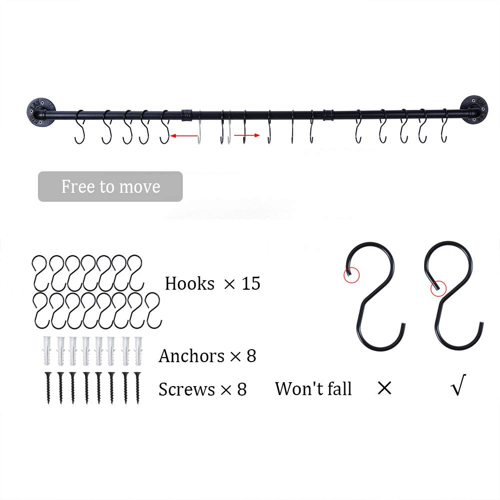 50.4 inch Hanging Pot Rack Wall Mounted Pot Pans Hanging Rail, Industrial Long Pot Pan Bar With 15 S Hooks, Black Hangers Kitchen Pot and Pan Hanging Rack