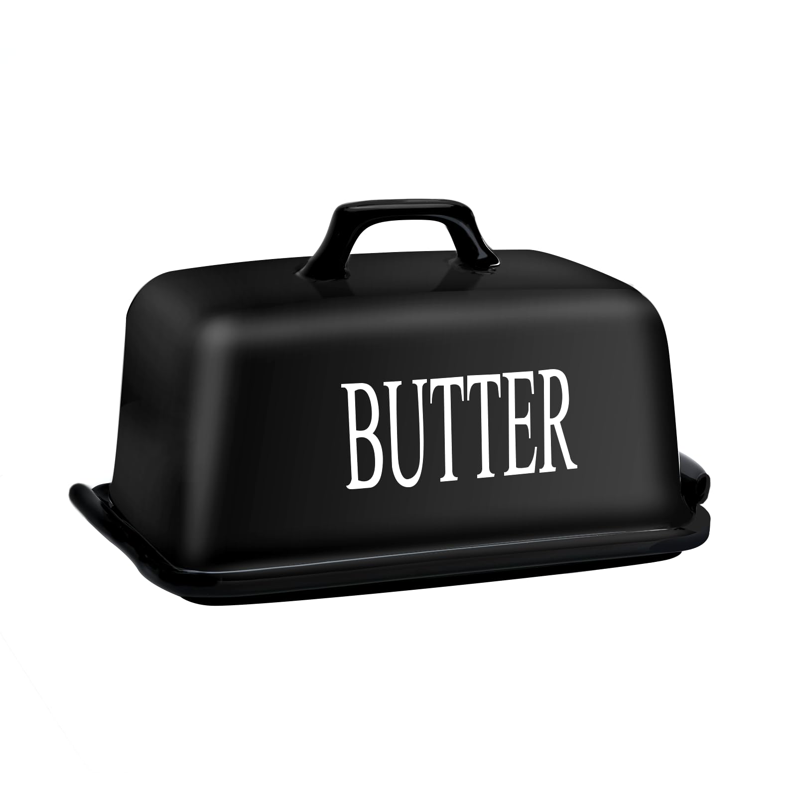 KAIBARE Butter Dish for 1 LB of Canadian Butter, Large Porcelain Butter Keeper with Lid Fit an Entire Pound Brick of Butter, Ceramic Butter Container for Countertop, Butter Storage, Color: Black