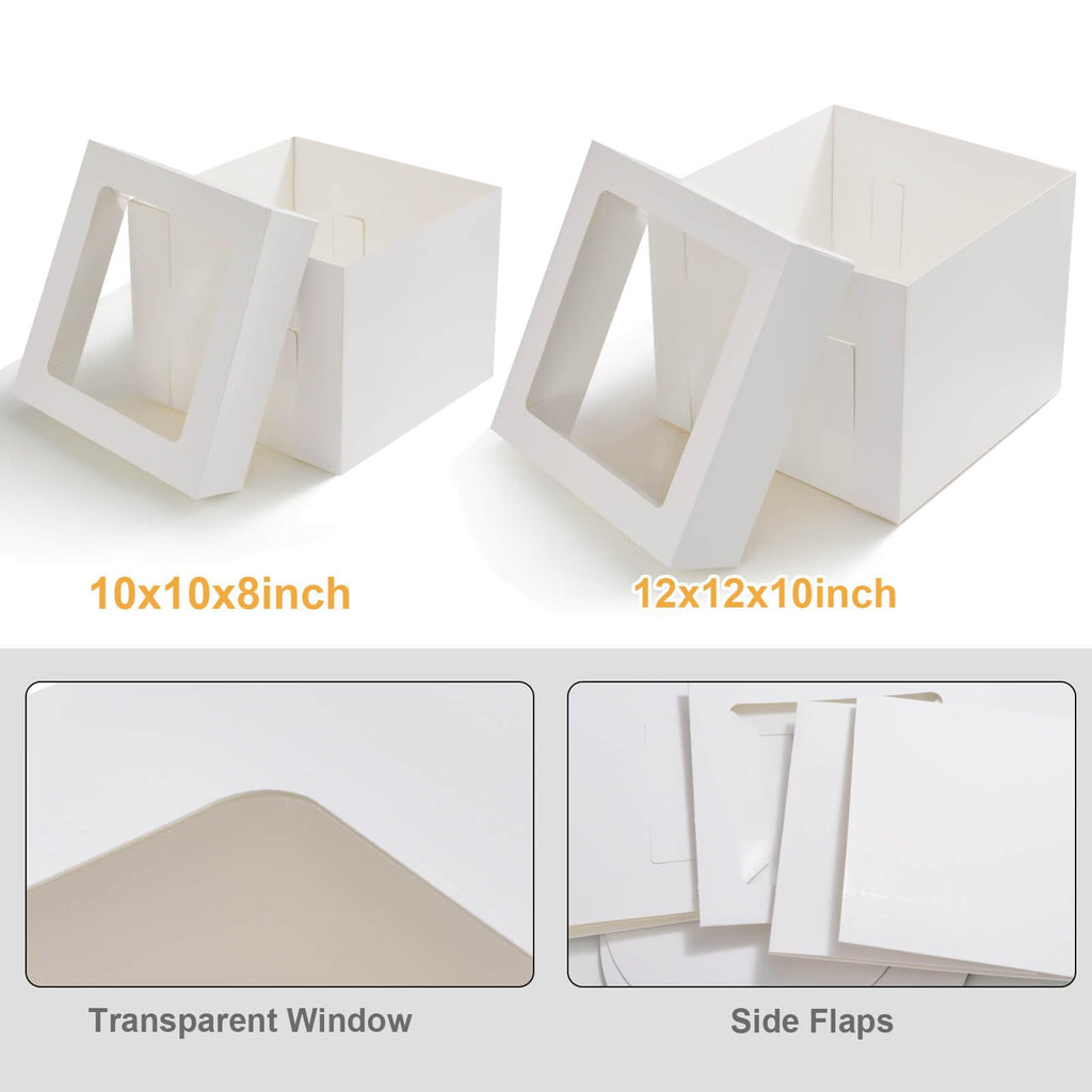10 Pcs 12x12x10 10x10x8 Cake Boxes Set (5 Boxes & 5 Boards) with Windows Large in 2 Sizes Tall Bakery Boxes Disposable Carrier Take Out Container, Boxes in 2 Tier for Valentine's Day
