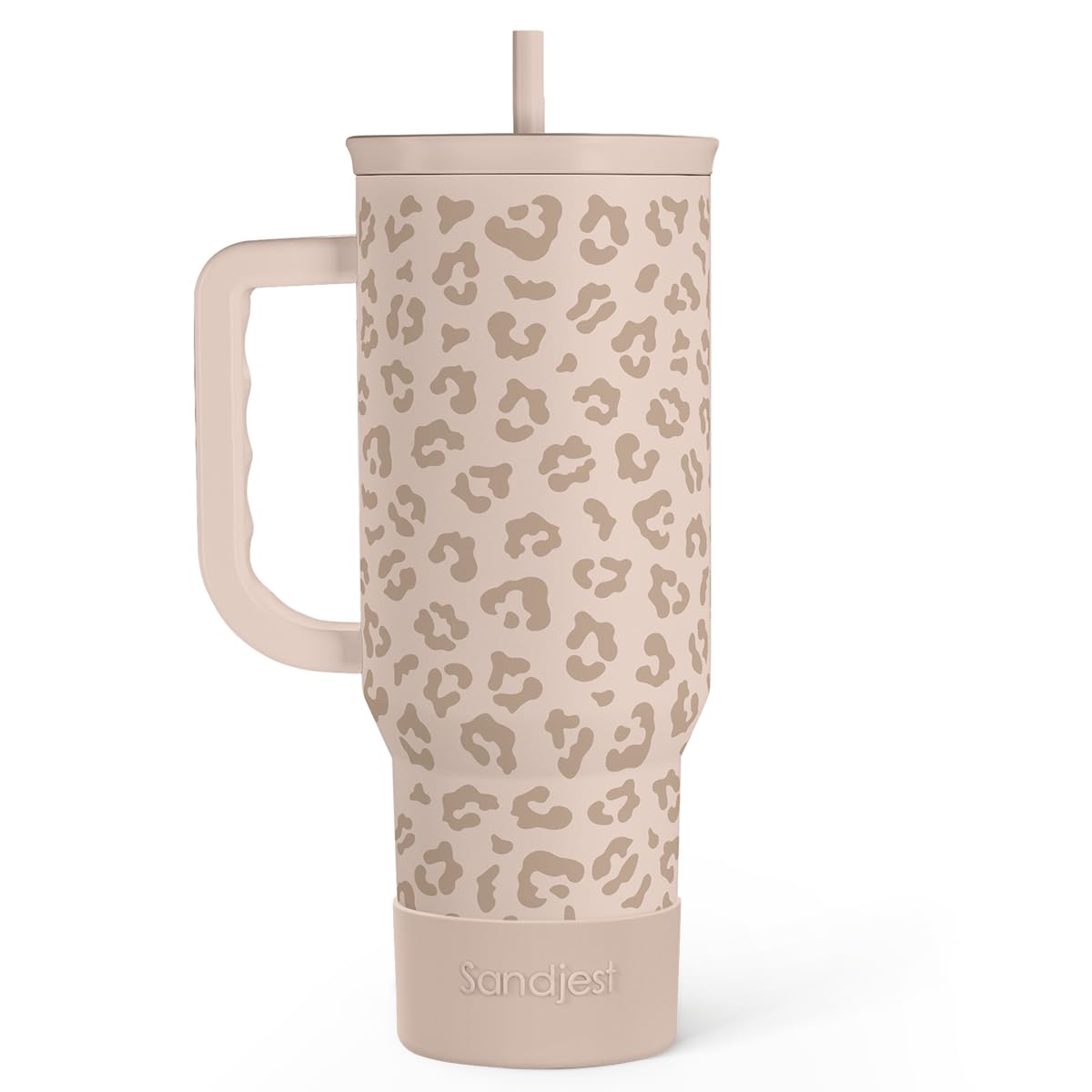 SANDJEST Leopard Tumbler with Handle, Insulated Cup Stainless Steel Travel Mug Cup, Gifts for Women Girl on Birthday Christmas, Tan Leopard, 40oz