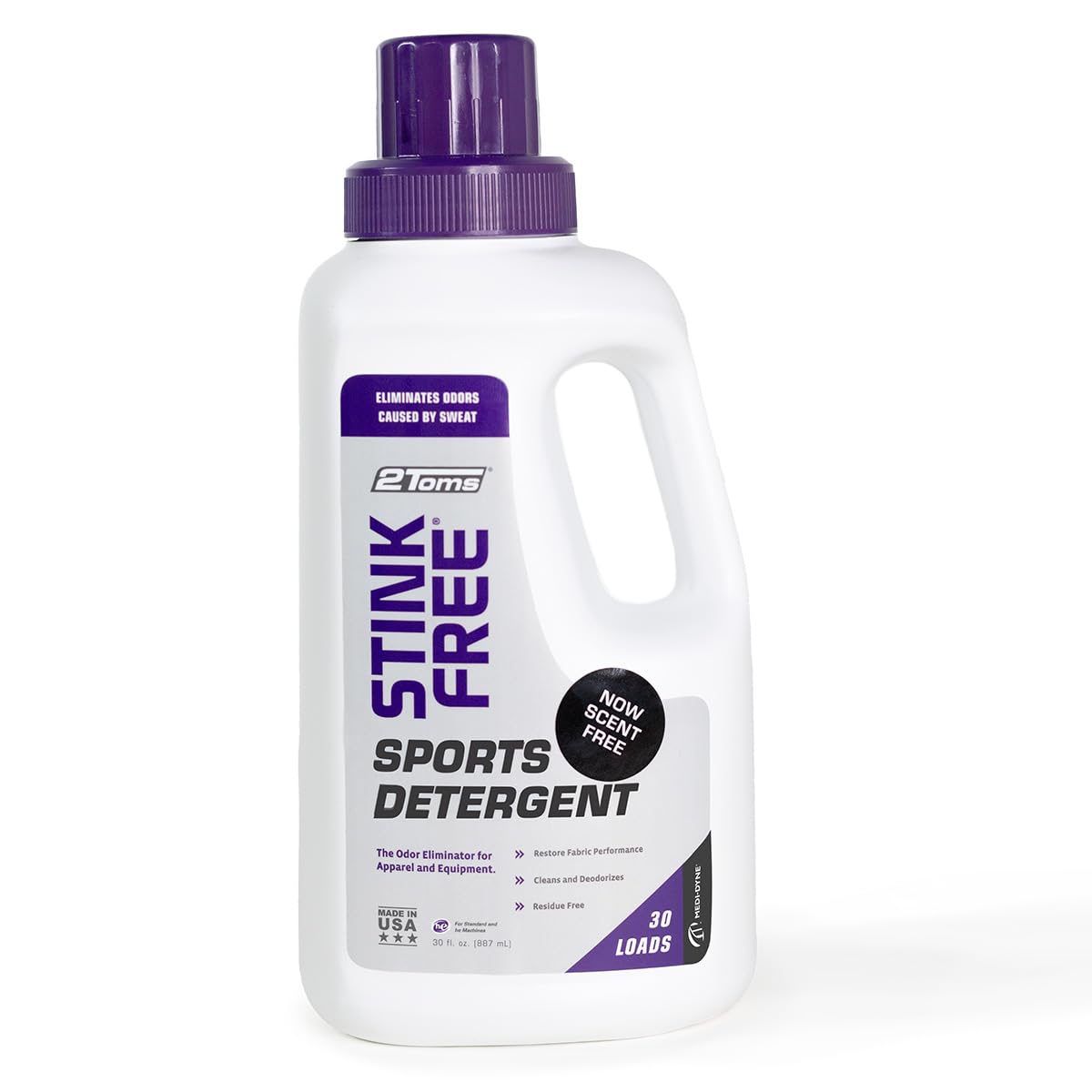 2Toms StinkFree Laundry Detergent, Fragrance Free Odor Eliminator for Athletic Clothes & Gear, Formulated for Sweat, 30 Ounce Bottle
