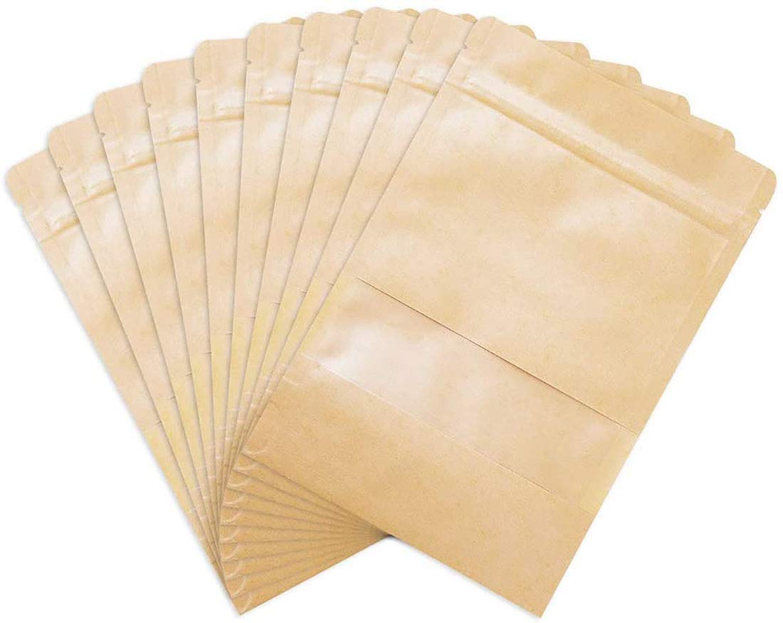 SONYANG 100 Pcs Kraft Paper Bags with Window Stand Up Pouches Bags, Zip Lock Food Storage Bags for Packaging Products, Reusable, Sealable (Brown, 7.9x11.8 inch)