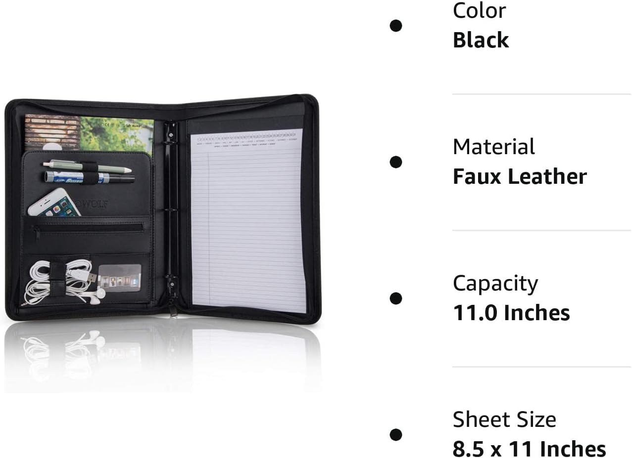 Padfolio Portfolio Folder, OOWOLF PU Leather Professional with Round Ring Binder Writing Pad Tablet Sleeve Interview Resume Document Organizer Business Card Holder Zippered Closure 8.5 x 11 Inch 1Pack