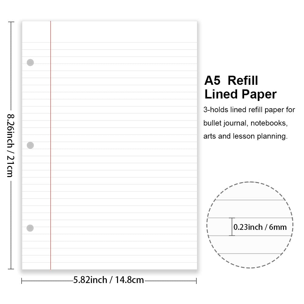 (3-Pack) A5 Filler Paper, 3 Hole Planner Refills, Organizer, Loose-Leaf Binder Paper, Total 300 Sheets/600 Pages, Lined, 100gsm, White, 5.8 x 8.2 Inch