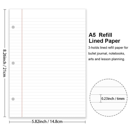 (3-Pack) A5 Filler Paper, 3 Hole Planner Refills, Organizer, Loose-Leaf Binder Paper, Total 300 Sheets/600 Pages, Lined, 100gsm, White, 5.8 x 8.2 Inch
