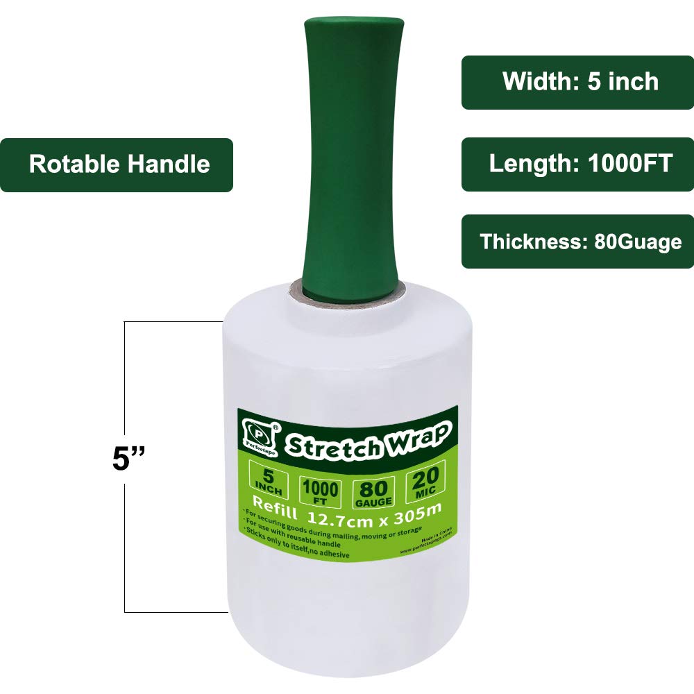 PERFECTAPE Transparent Stretch Wrap Film 5" x 1000feet, 80 Gauge, Hand-held, 4-Pack(4000ft length total) with 2 Handle, for Wrapping, Moving