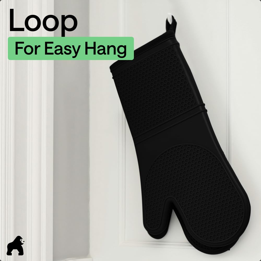 GORILLA GRIP Heat Resistant Silicone Oven Mitts Set, Soft Quilted Lining, Extra Long, Waterproof Flexible Gloves for Cooking and BBQ, Kitchen Mitt Potholders, Easy Clean, Set of 2, Black
