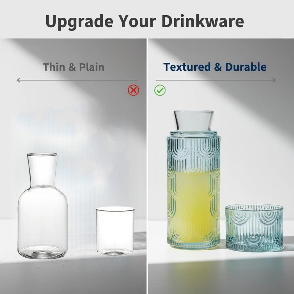 Bedside Water Carafe and Glass Set, Mouthwash Water Dispenser for Bathroom, 21.6 OZ Glass Pitcher Bottles with 6 OZ Lid for Bedroom and Dining (Light Blue)