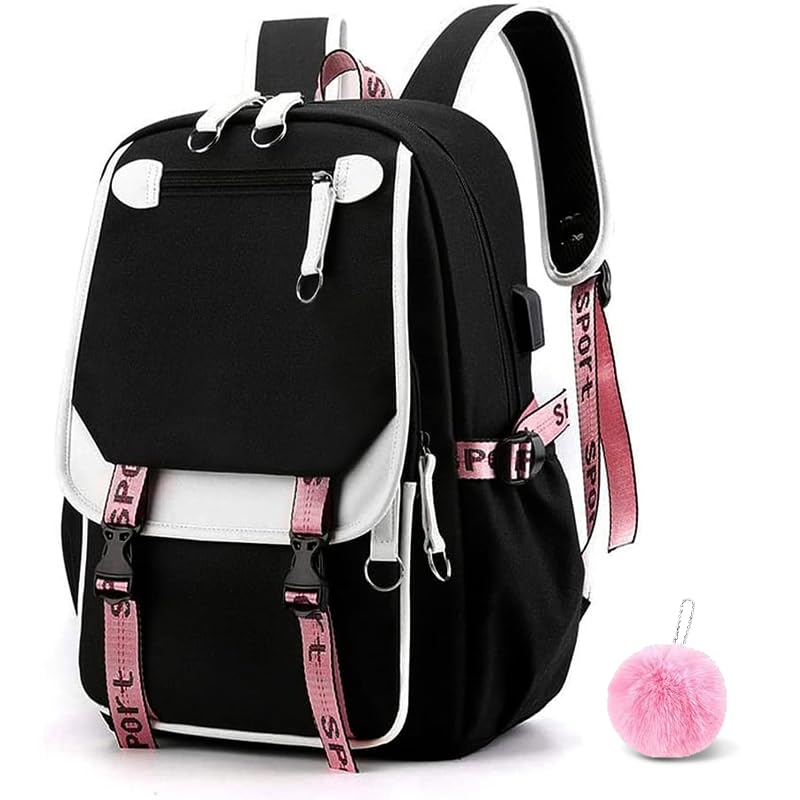 Uplayteck School Backpack 20 Liter Capacity, Black Waterproof with Laptop Compartment | Side Headphone Jack and USB Charging Port | Multiple Pockets | Cute Style for Girls, Kids and Teenagers
